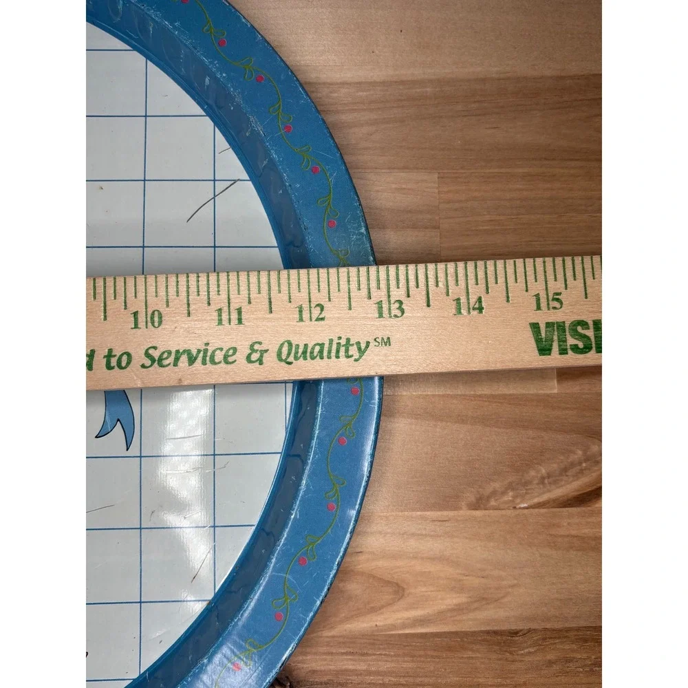 Vintage Giftco Inc Round Metal Serving Tray Goose Sun Hat Blue White Grid 13